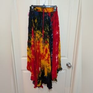 Asymmetrical Tie-Dye Skirt in Red, Yellow, and Blue